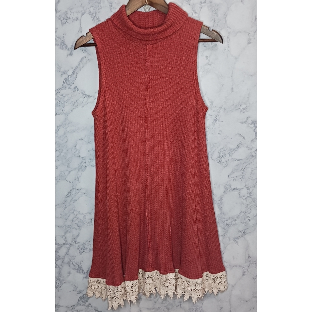 Altar'd State Mini Dress Women Size L Orange Waffle Knit Sleeveless High Neck